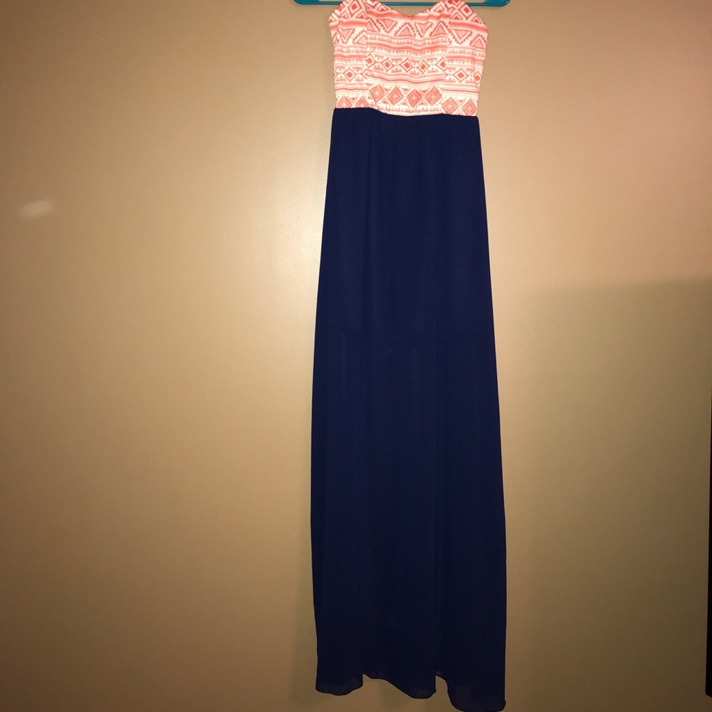 Strapless navy and coral maxi